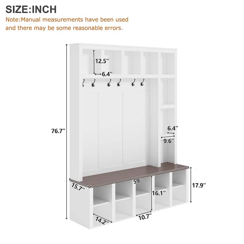 Farmhouse Entryway Hall Tree with Coat Rack, 13 Cubbies Shoe Storage, Adjustable Shelves & Walnut Bench