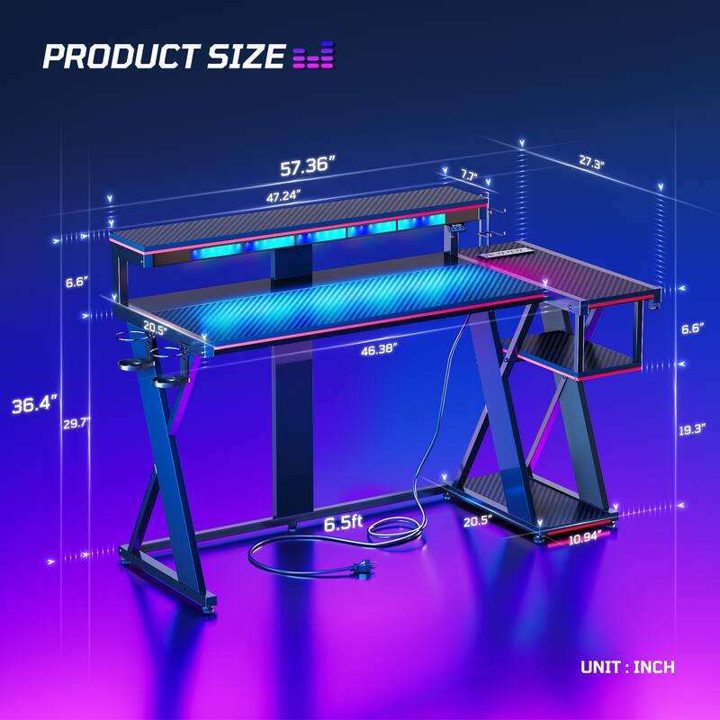 57 in. L Shape Gaming Desk with LED Lights Monitor Stand Power Outlets Cup Holder and Headphone Hook