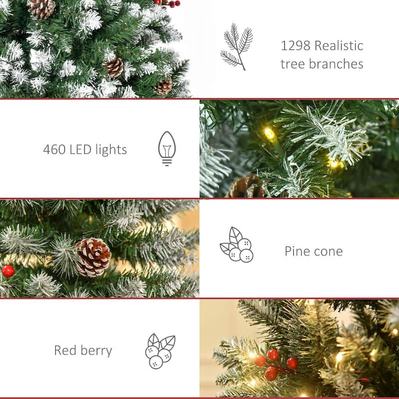 9ft Pre-Lit Snow-Dipped Christmas Tree with Realistic Branches, LED Lights and Pine Cones, Xmas Tree for Home Holiday Decor