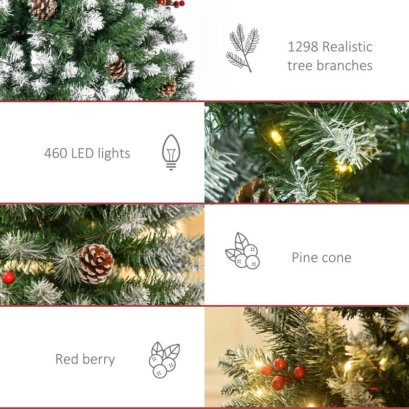 Snow-Flocked Artificial Christmas Tree with LED Lights, Pine Cones & Red Berries, 6ft, 7.5ft, 9ft