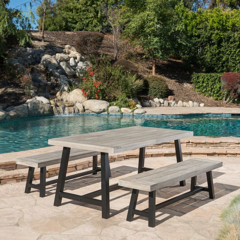 Carlisle Acacia Outdoor 3-piece Dining Set by Christopher Knight Home - Sandblasted Light Gray+Black Rustic Metal