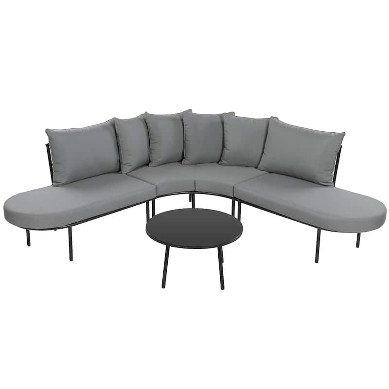 Curved Outdoor Furniture Sofa Set for 6, Outdoor Conversation Set with Coffee Table & Upholstered Seats, Backrest Cushions