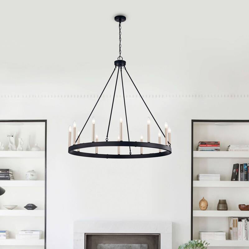 Eva 12-light Antique Black and Light Brass Finish Wheel Chandelier - Antique Black and Light Brass