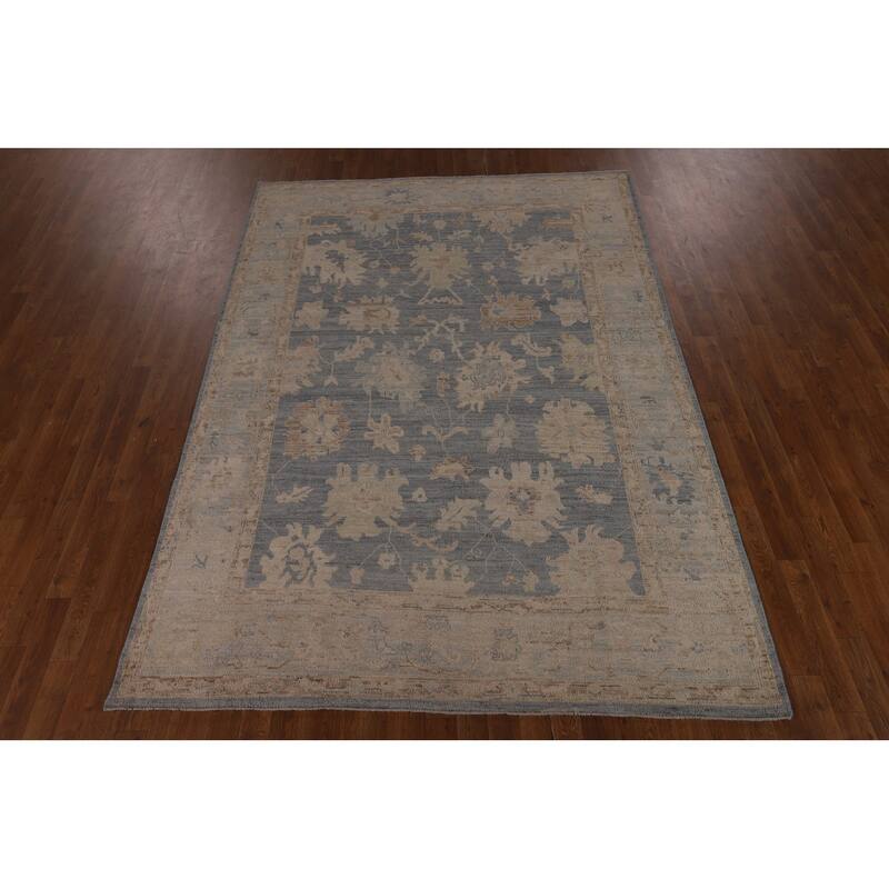 Vegetable Dye Blue Oushak Oriental Area Rug Hand-Knotted Wool Carpet - 6'2"x 8'9"