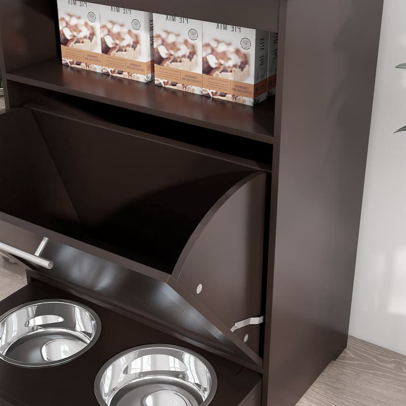 Pet Feeder Station Storage Cabinet, Dog Food Container with Dog Raised Bowls and Hanger for Feeding & Watering Supplies