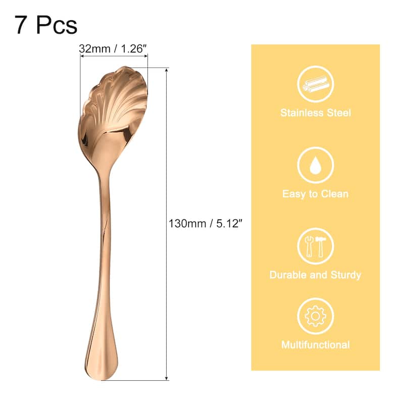 7Pcs 5" Stainless Steel Shell Shape Spoon Mini Coffee Dessert Spoons - Rose Gold