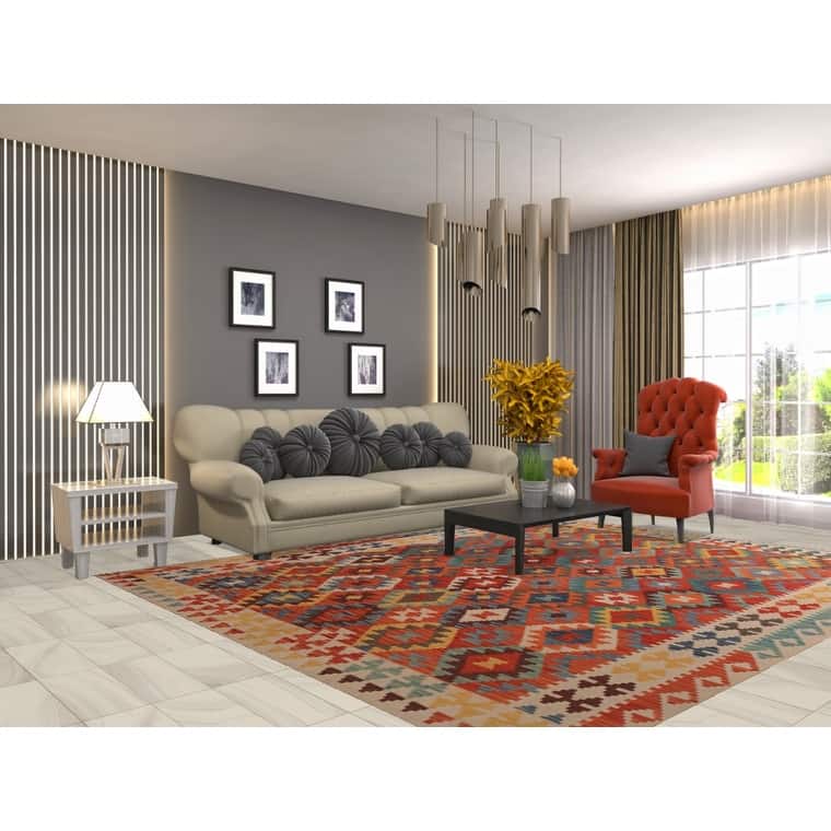 South Western Style Kilim Area Rug Flatweave Wool Carpet - 8'1" x 9'10"