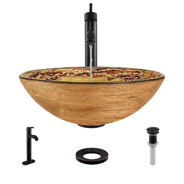 Rene R5-5029-R9-7001 16-1/2" Glass Vessel Bathroom Sink with Vessel Faucet, Sink Ring, and Vessel Pop-Up Drain