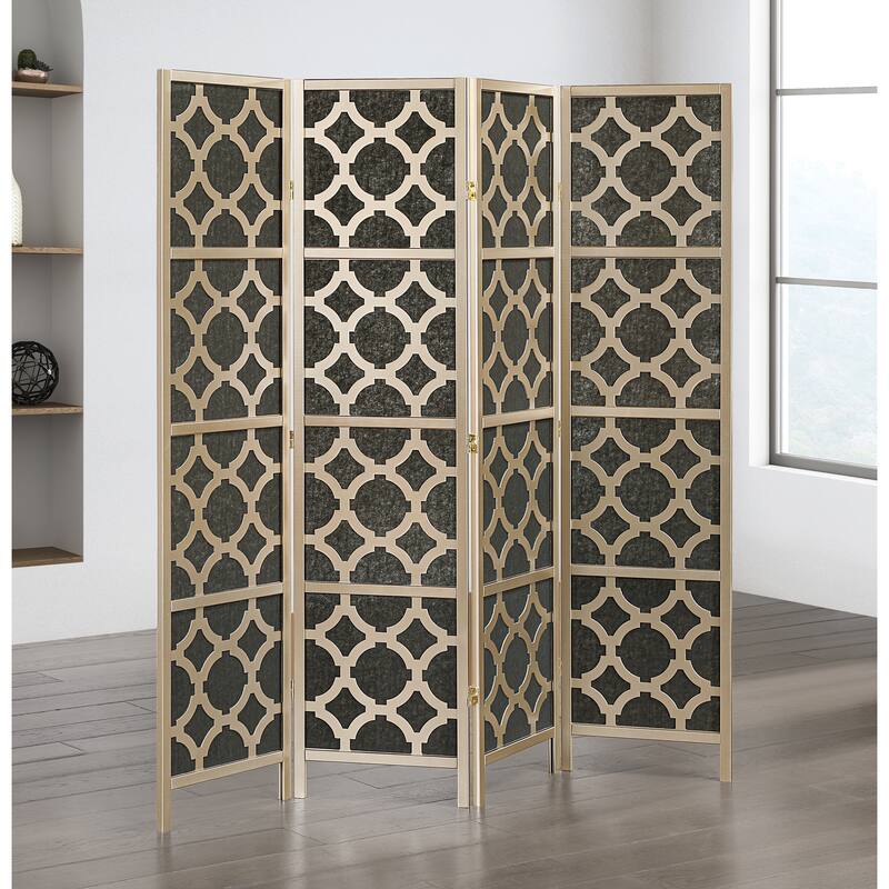 Roundhill Furniture Virelle 4-Panel Room Divider, Decorative Folding Freestanding Privacy Screen - Gold