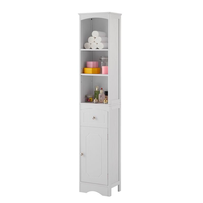 Bathroom Storage Cabinet with Drawer, Open Shelves and Adjustable Shelf, Tall Cabinet with Curved Line Top and Bottom Pane