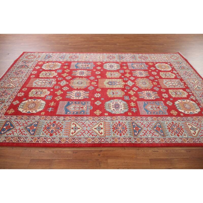 Hand Knotted Oriental 100% Wool Carpet Traditional Geometric Red Kazak Area Rug - 9' 8'' X 6' 4''