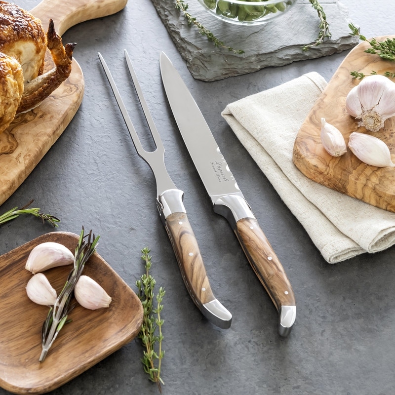 French Home Laguiole Olivewood Carving Knife and Fork Set. - Silver