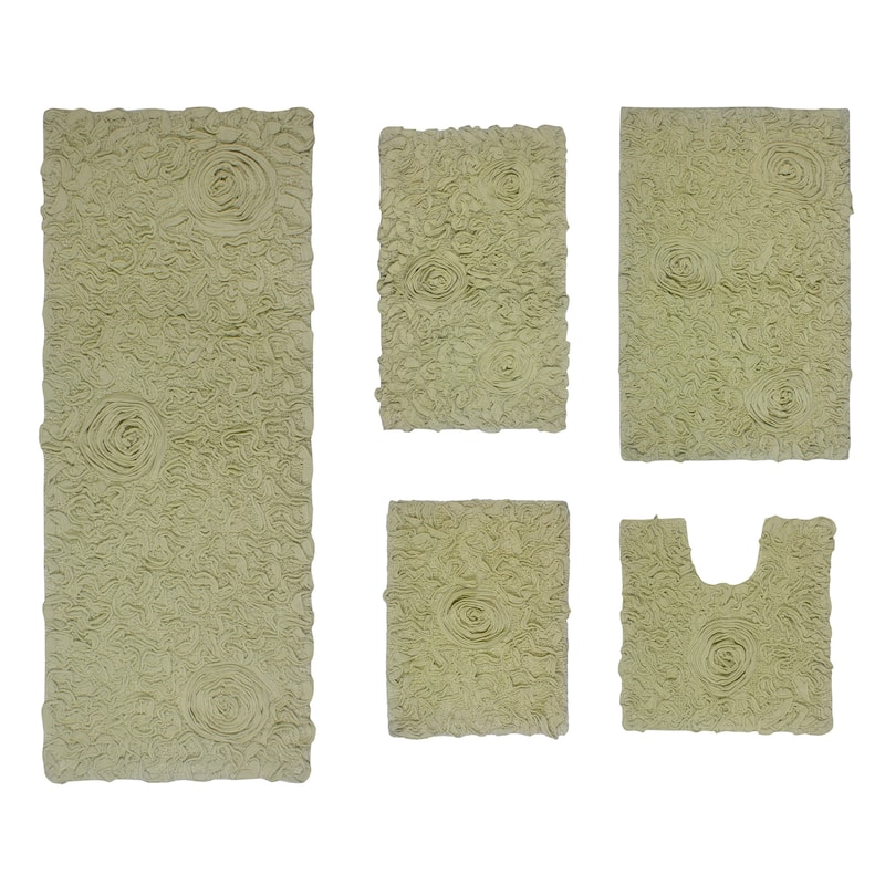 Bell Flower Collection 100% Cotton Non-Slip Bathroom Rug Set, Machine Washable Bath Rug, 5 Piece Bath Mat Set with Runner - Green