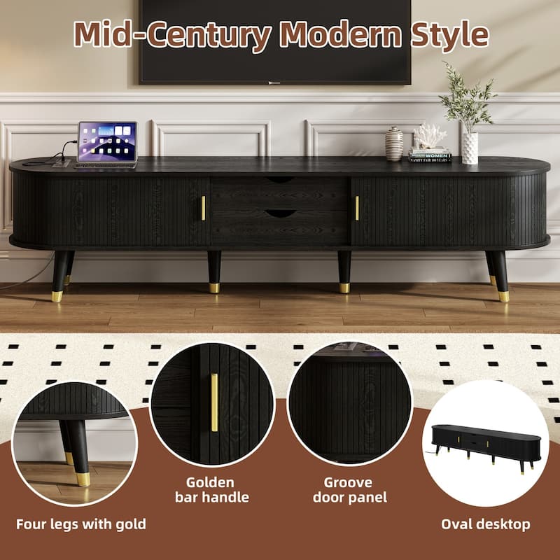 Farmhouse TV Cabinet with Golden Handle,Charging Station and Sliding Tambour Door