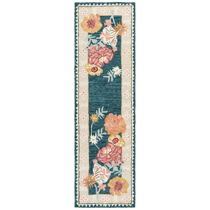 SAFAVIEH Handmade Jardin Pamina Floral Wool Rug - 2'3" x 8' Runner - Dark Green/Pink