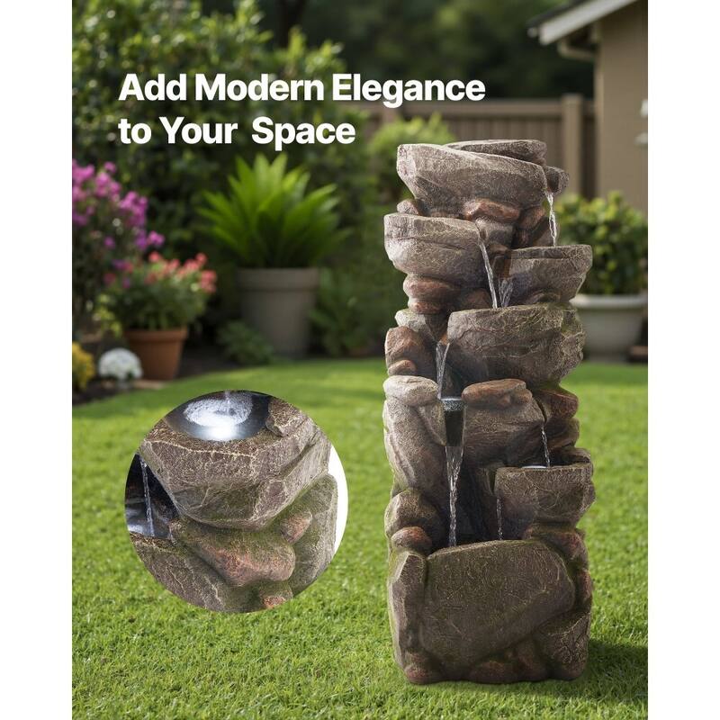 7-Tier Rock Style Yard Fountain with Soothing Water Sounds and LED Lights for Patio Decor - 14.96 x 11.42 x 38.98 in