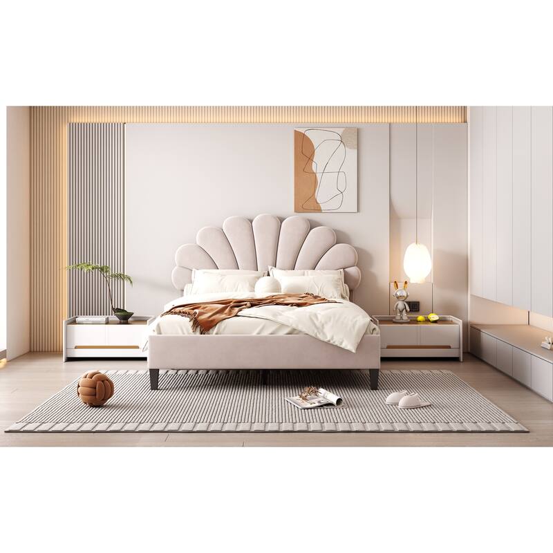 Elegant Full Size Upholstered Bed with Velvet Headboard, No Box Spring Required