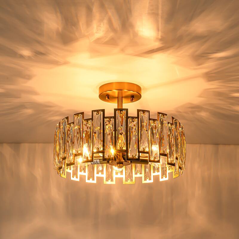 5-Light Mid-Century Modern Glam Cage Drum Crystal Semi-Flush Mount Ceiling Light