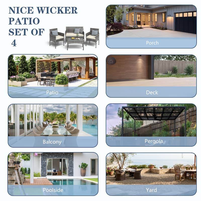 EROMMY 4-Piece Wicker Patio Furniture Set, Outdoor PE Rattan Sofa Set with Cushions & Table, Conversation Set for Backyard,Porch