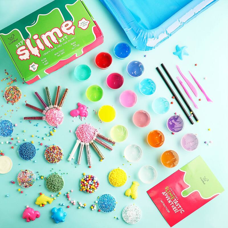 CraftBud DIY Slime Kit - Kids Slime Making Kit with 18 Colors Slime , 10 Glitters, Blow Up Tray, Foam Balls and Much More
