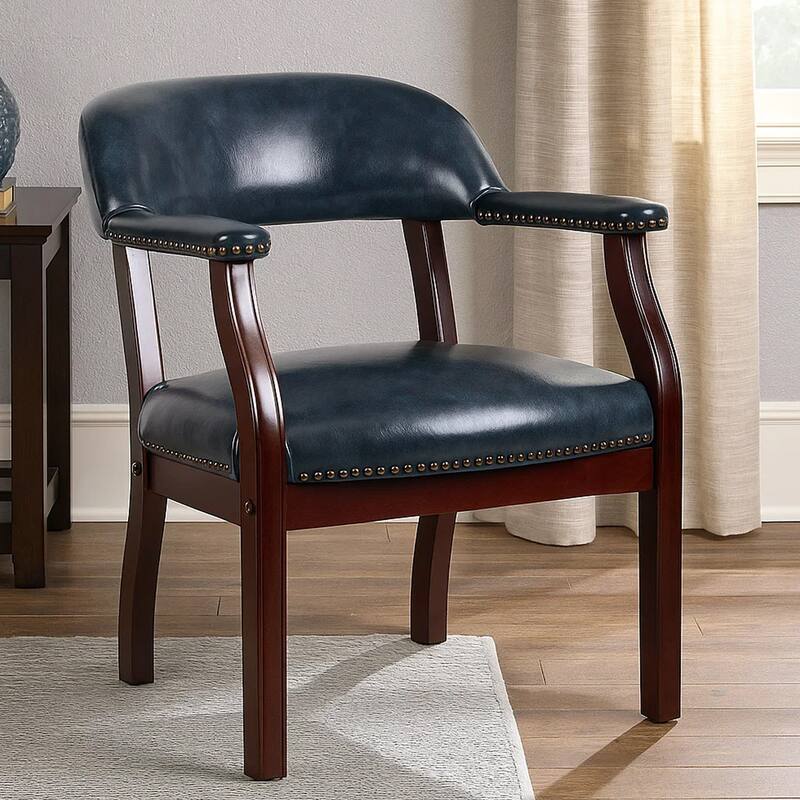 Elon Guest Chair with Brass Nailhead Trim, Mahogany Wood, Blue Vinyl