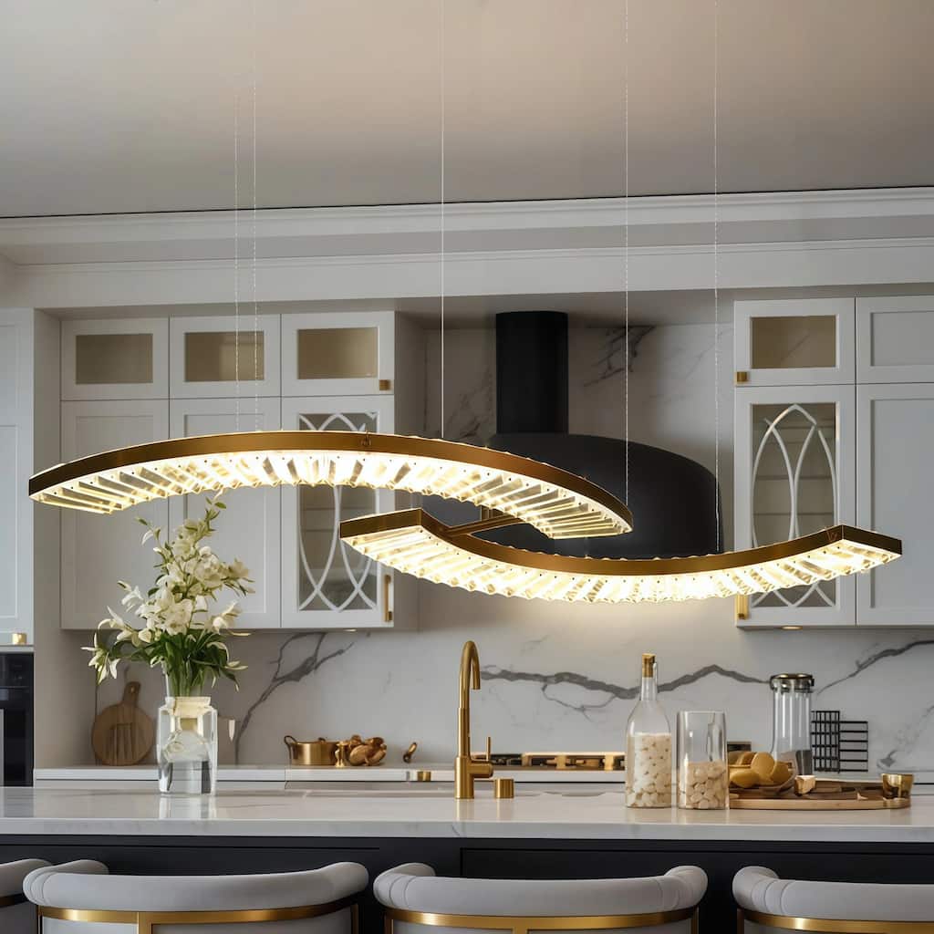 Modern Gold LED Crystal Island Chandelier for Kitchen Island - W 40.4" x H 2" x D 16.1"