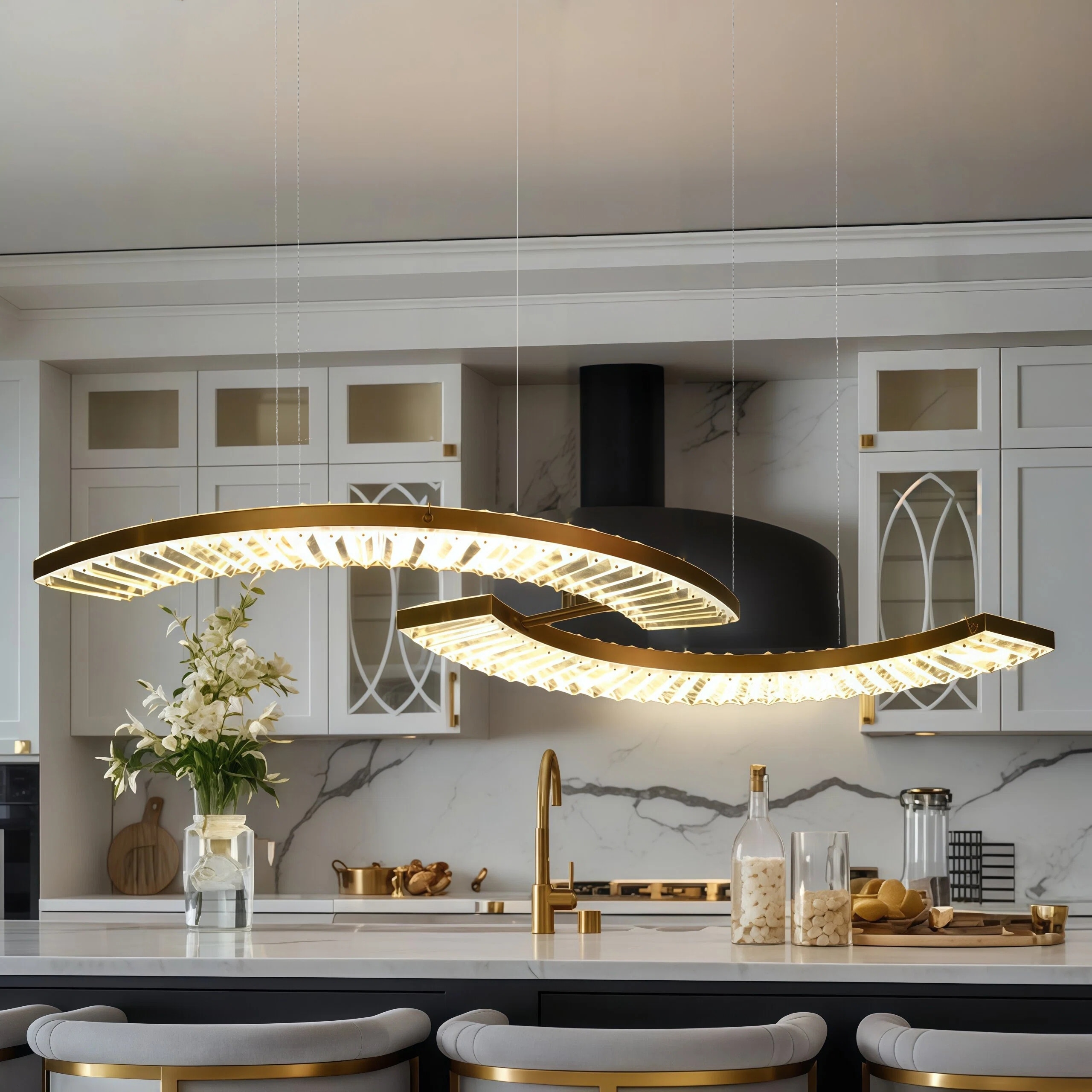 Modern Gold LED Crystal Island Chandelier for Kitchen Island Dining Room - W 40.4" x H 2" x D 16.1"