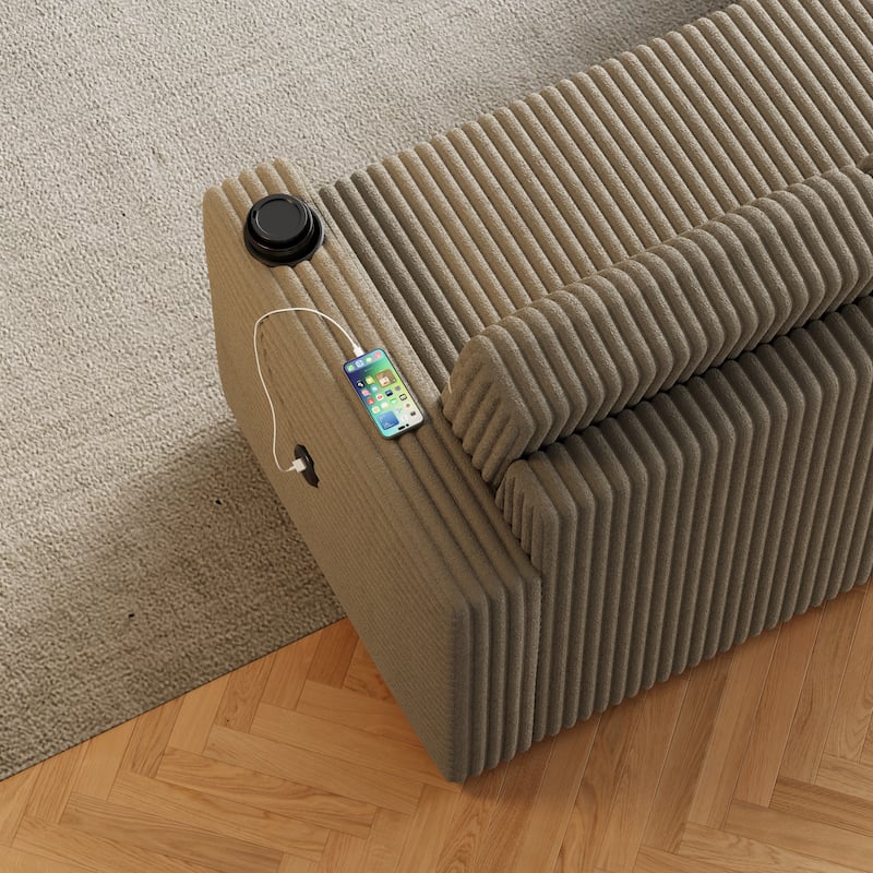 Corduroy 85" Sleeper Sofa Bed, 3-Seater with Storage Chaise, USB Port