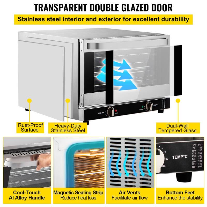 Commercial Convection Oven with Front Glass Door, Electric Baking Oven with Trays Wire Racks Clip Gloves - 47L/43Qt
