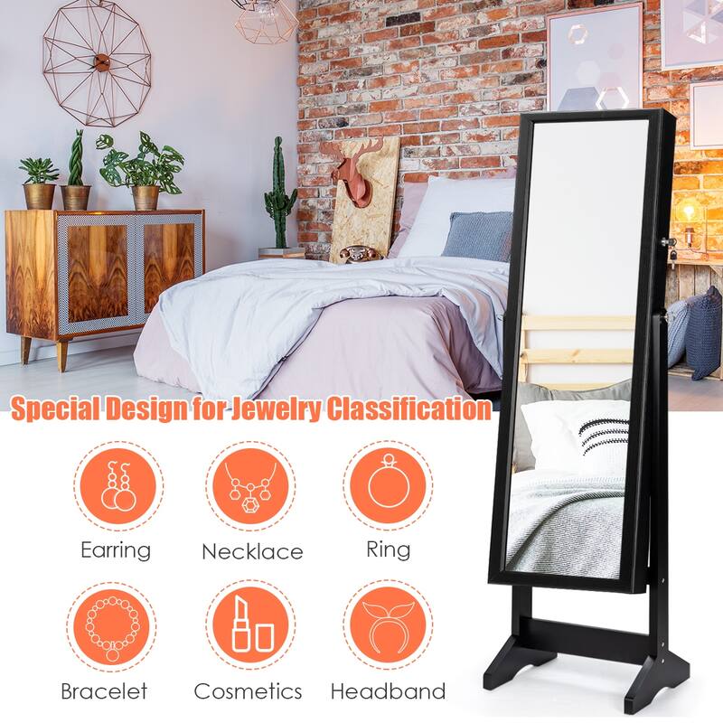 Costway Jewelry Cabinet Stand Mirror Armoire Lockable Organizer Large