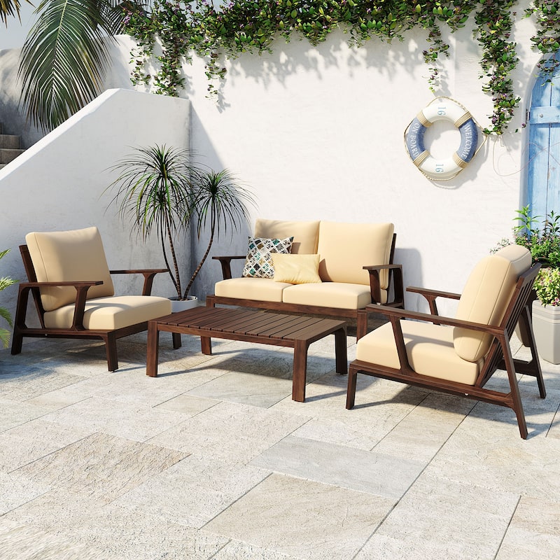 Christopher Knight Home-Doris 4 Piece Outdoor Slat Design Acacia Wood Upholstered Seating Set - Dark Brown +Beige Cushion
