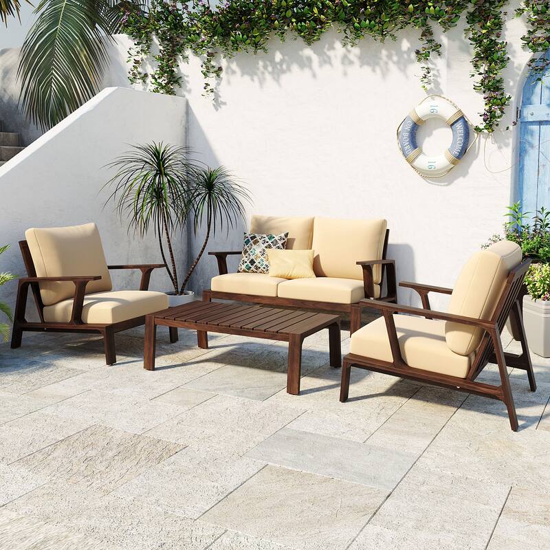 Roomfitters 4 Piece Outdoor Patio Conversation Set with Solid Acacia Wood Frame and Cushions - Beige,Dark Brown