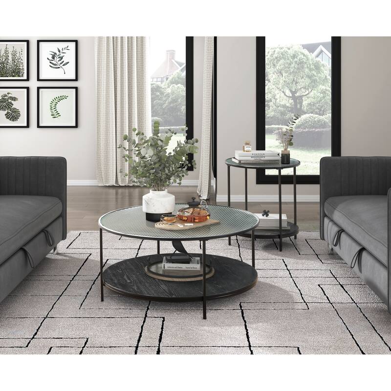 2pc Modern Occasional Table Set Coffee Table Glass Top End Table Metal