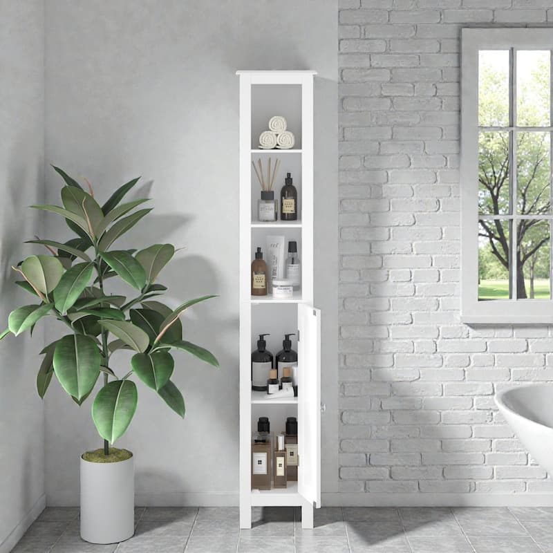 66.92 Inch Tall Bathroom Storage Cabinet, Slim Freestanding Cabinet with Adjustable Shelves, Anti-Tip Design, White