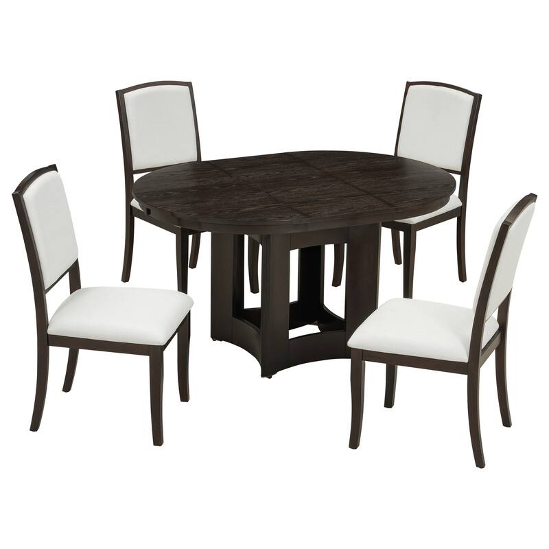 5-Piece Extendable Dining Set with Wood Table, Kitchen Table Set with 4 Upholstered Chairs for Dining Room