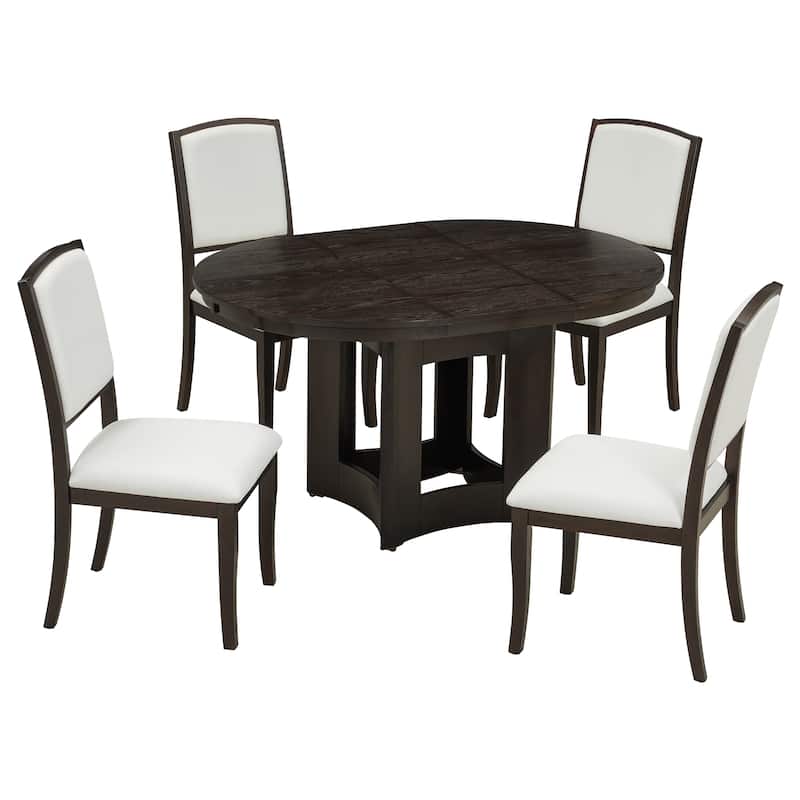 Farmhouse 5-Piece Extendable Round Dining Table Set with 4 Upholstered Chairs for Compact Living Spaces