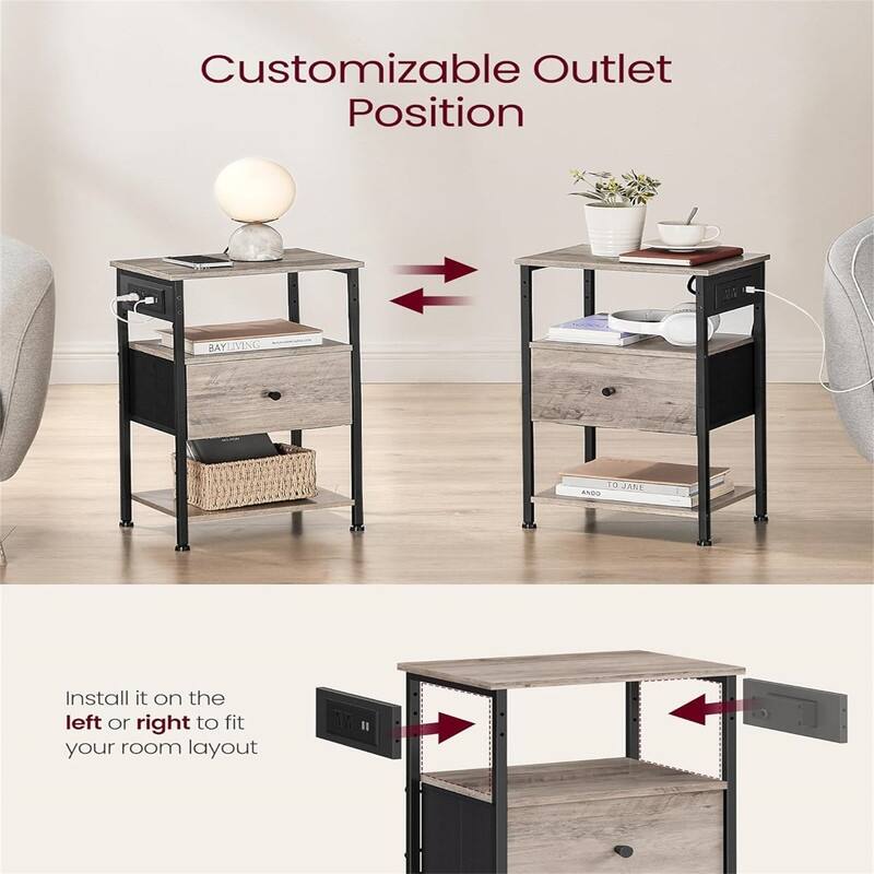 Nightstand with Charging Station Night Stand Side Table with 1 Drawer and 2 Open Shelves
