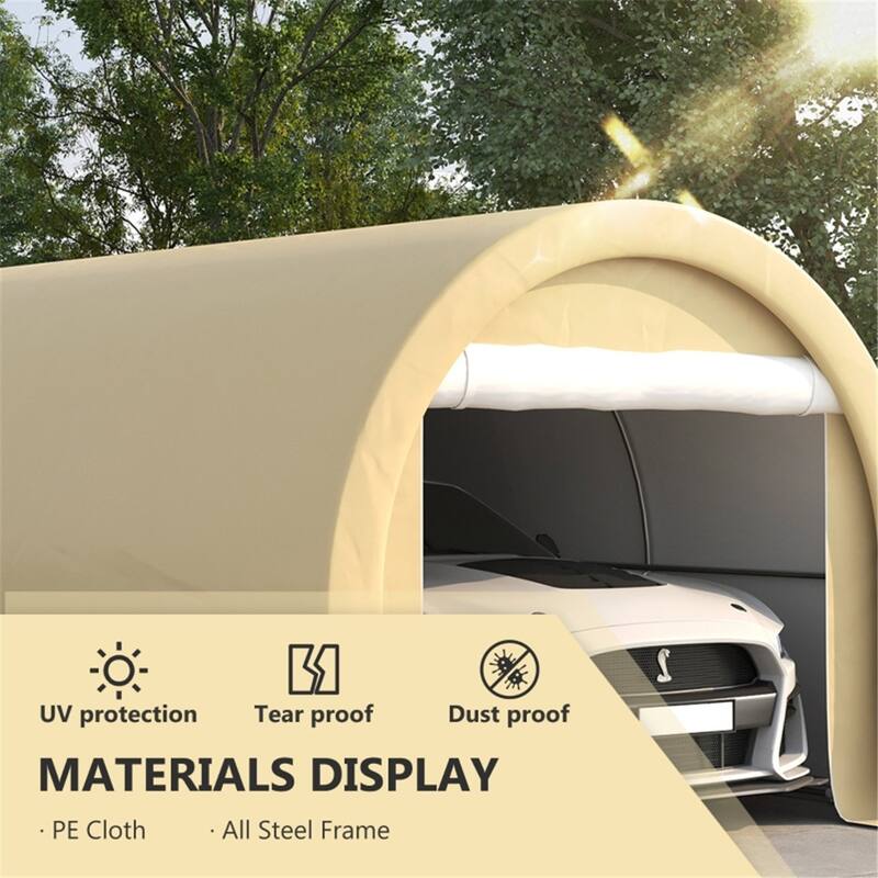 Beige Carport Garage Cover for Cars with Galvanized Steel Frame and UV-Resistant PE Canopy - 196.75" L x 118" W x 94.5" H