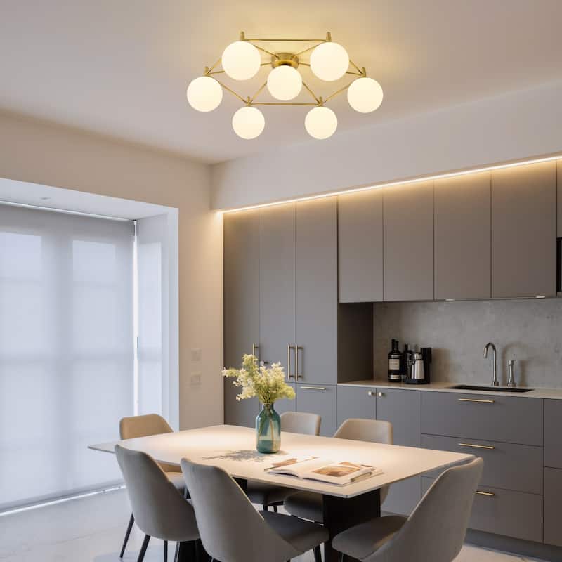 7 - Light Modern Sputnik Flush Mount Light, Black Metal, White Frosted Glass Globes