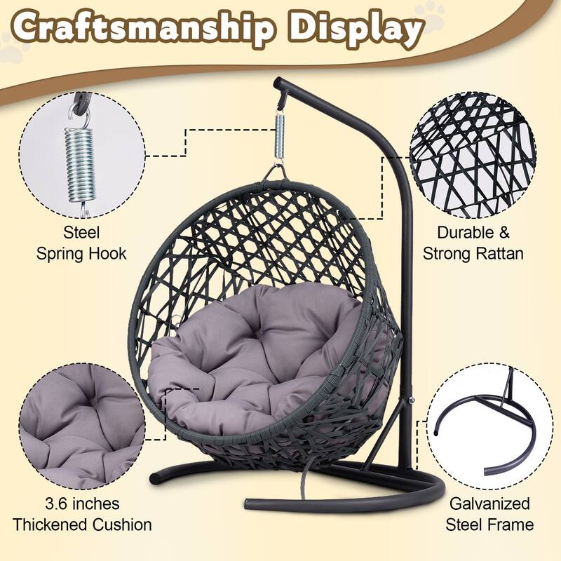 Pet Hanging Swing Bed, Rattan Hammock with Removable Soft Cushion, Cat Swing Bed with Stand & Cushion, Small Animals
