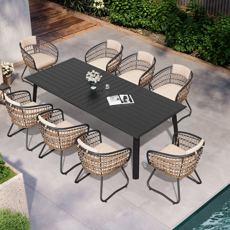 Patio Outdoor Aluminum Dining Table Sets with Umbrella Hole with Rattan Chair - Table-Black&Chair-Beige