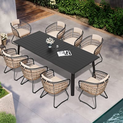 Patio Outdoor Aluminum Dining Table Sets with Umbrella Hole with Rattan Chair