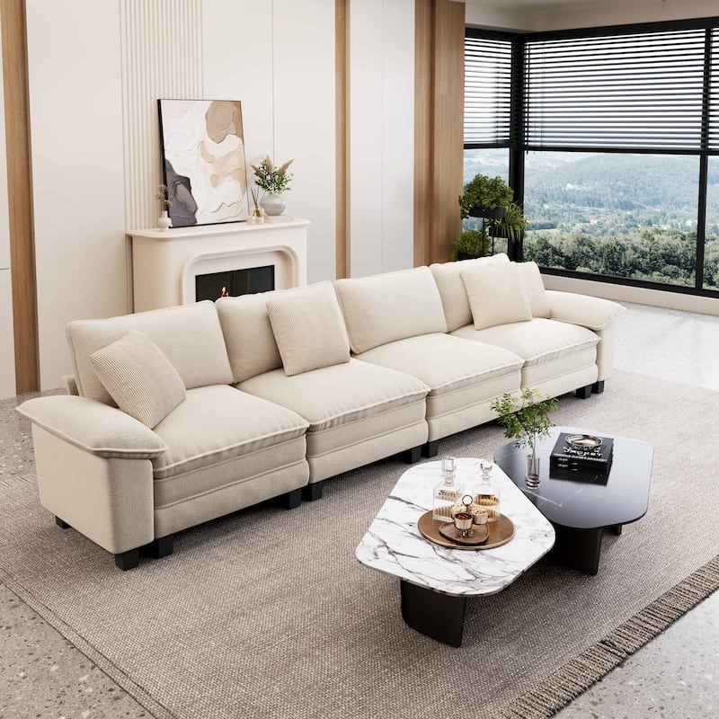 MAISON ARTS Cloud Modular Deep Seat Sofa, Chenille or Corduroy Sectional Couch with Removable Arms, 1–4 Seater - Beige Chenille(4 Pieces) - Symmetrical