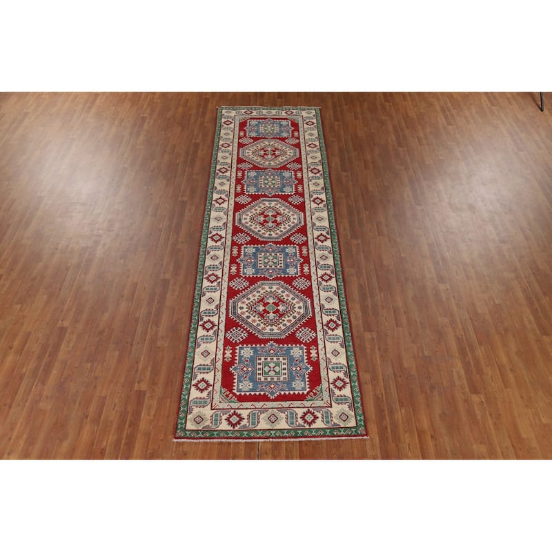 Red Geometric Kazak Runner Rug Handmade Wool Carpet - 4'0" x 13'5"