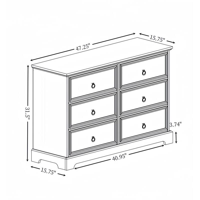 GDFStudio - White Modern Farmhouse 6-Drawer Dresser with Oak Grain Top and Smooth Metal Slides