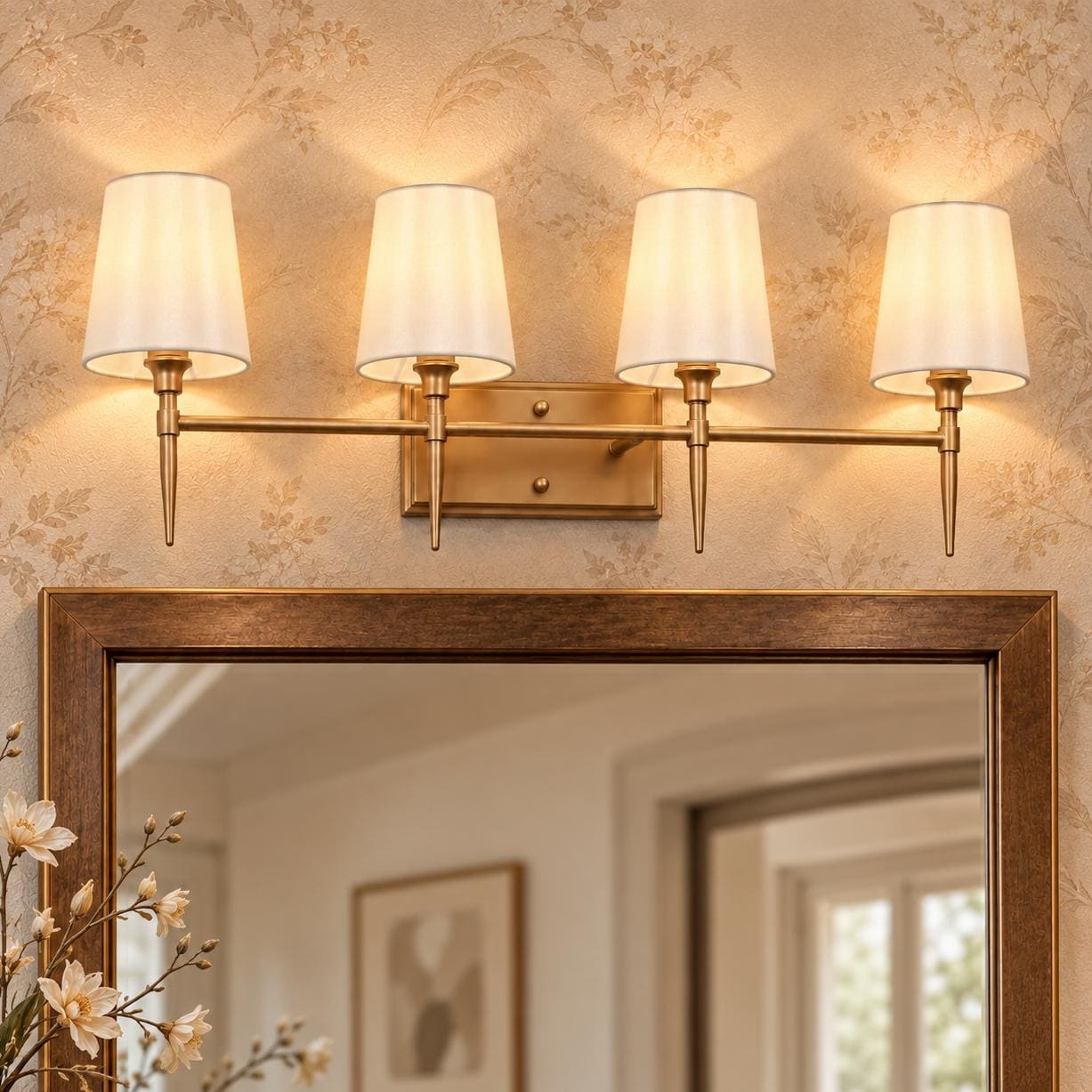 Barr Mid-Century Modern Gold 4-Light Bathroom Vanity Lights Fabric Wall Sconces - W 29" x D 6.5" x H 12"