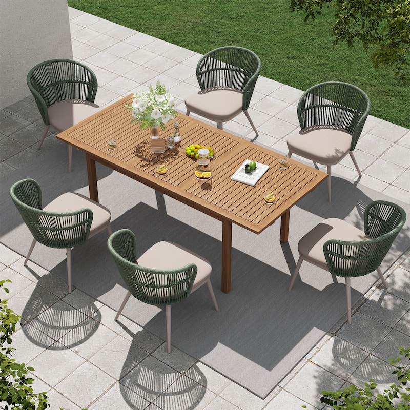 Outdoor 7-Piece Patio Dining Chair and Extendable Wood Dining Table - Green/Beige