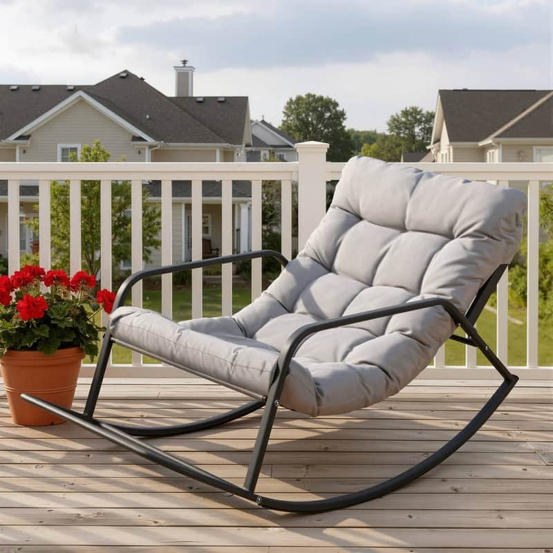FINCATI Outdoor Oversized Rocking Lounge, 450 lbs Patio Rocker Recliner Chair, Papasan Rocking Chair, Large Lounge Rocker - 1 PC-Light Grey