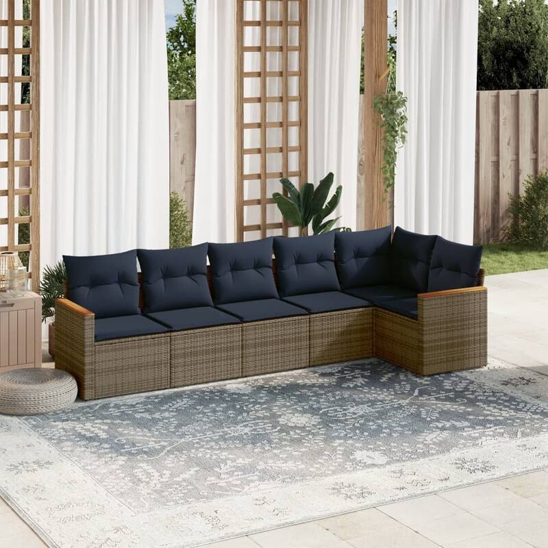 vidaXL Patio Sofa Set with Cushions Outdoor Conversation Furniture Poly Rattan - 24.4x 24.4x 27.2 - Grey and Blue-Without table