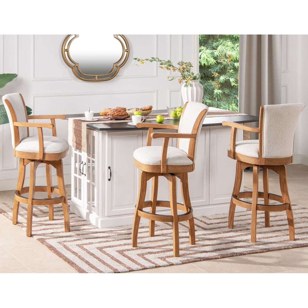 Williams Swivel Upholstered Bar Stool - Counter or Bar Height - 27 or 31 Inch - Solid Oak Wood Frame - Minimal Assembly